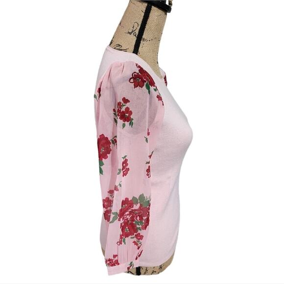 Julie Brown Pink Floral Slightly Sheer 3/4 Sleeves Lightweight Sweater Size Smal - Picture 2 of 6